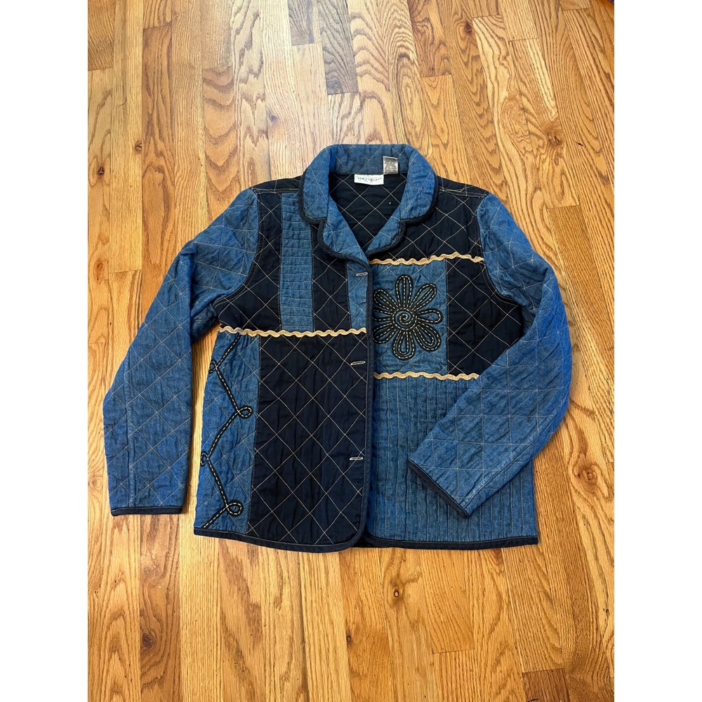 VTG 90's Quilted Denim Jacket Womens Small Patchwork Floral Ric Rac Blue
